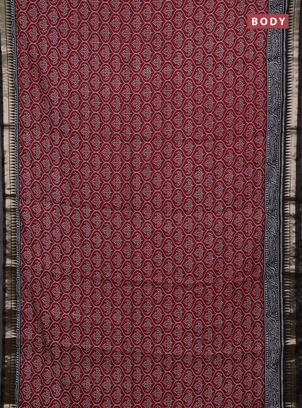 Semi maheshwari cotton saree maroon and black with allover prints and zari woven border