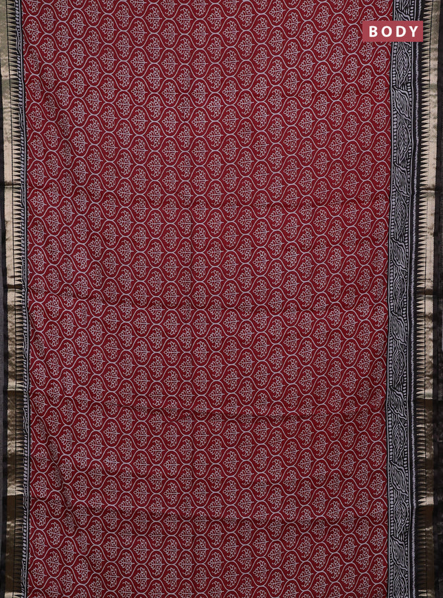 Semi maheshwari cotton saree maroon and black with allover prints and zari woven border