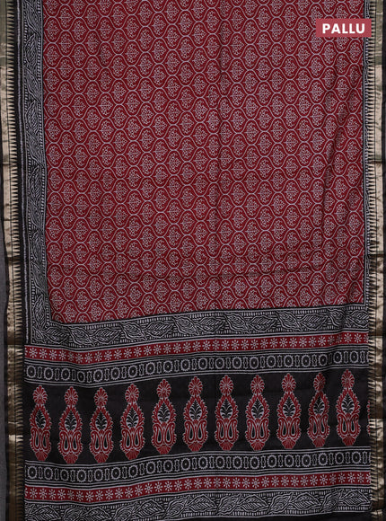 Semi maheshwari cotton saree maroon and black with allover prints and zari woven border