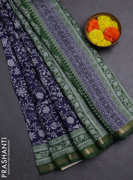 Semi maheshwari cotton saree blue and green with allover prints and zari woven border