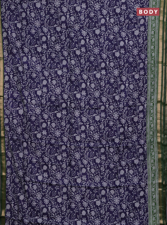 Semi maheshwari cotton saree blue and green with allover prints and zari woven border