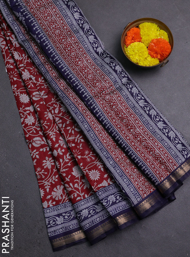Semi maheshwari cotton saree maroon and blue with allover prints and zari woven border