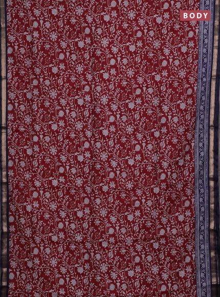 Semi maheshwari cotton saree maroon and blue with allover prints and zari woven border