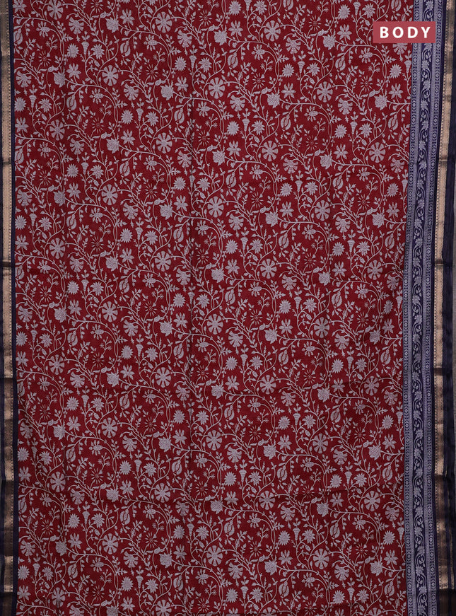 Semi maheshwari cotton saree maroon and blue with allover prints and zari woven border