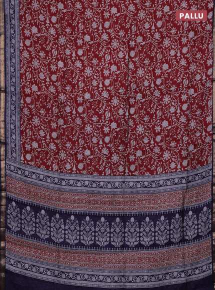 Semi maheshwari cotton saree maroon and blue with allover prints and zari woven border