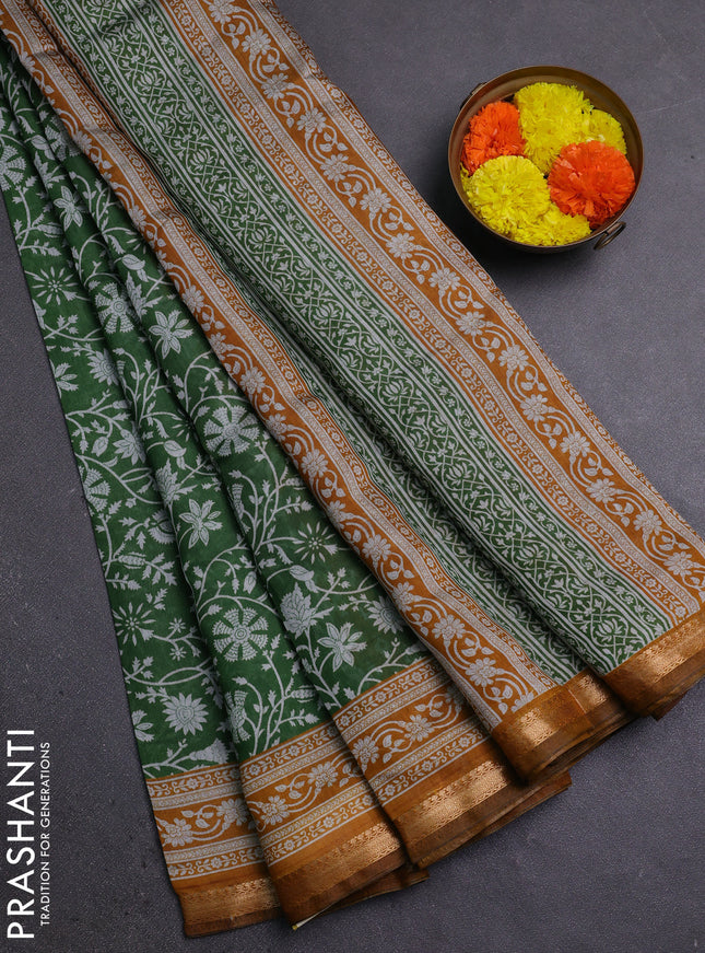 Semi maheshwari cotton saree green and mustard yellow with allover prints and zari woven border