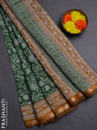 Semi maheshwari cotton saree green and mustard yellow with allover prints and zari woven border