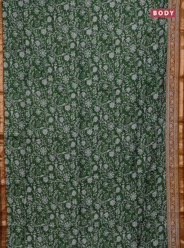 Semi maheshwari cotton saree green and mustard yellow with allover prints and zari woven border