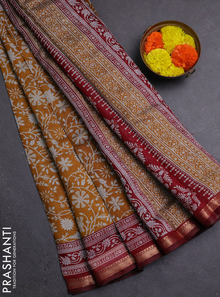 Semi maheshwari cotton saree mustard yellow and maroon with allover prints and zari woven border