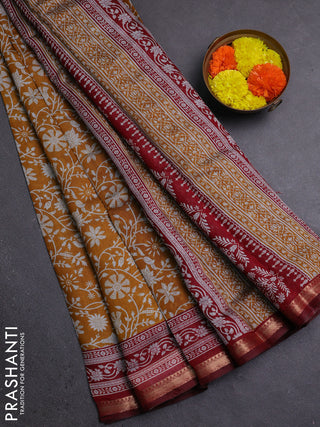 Semi maheshwari cotton saree mustard yellow and maroon with allover prints and zari woven border