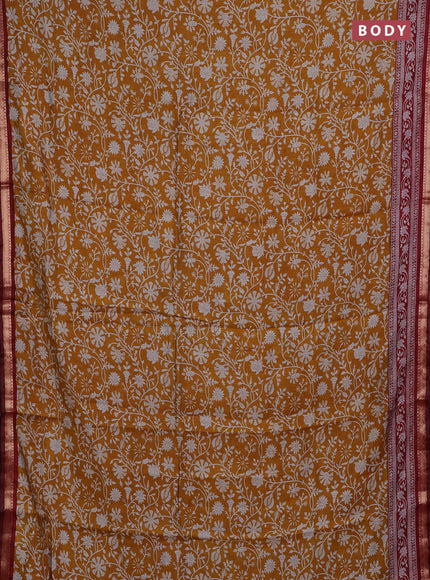 Semi maheshwari cotton saree mustard yellow and maroon with allover prints and zari woven border