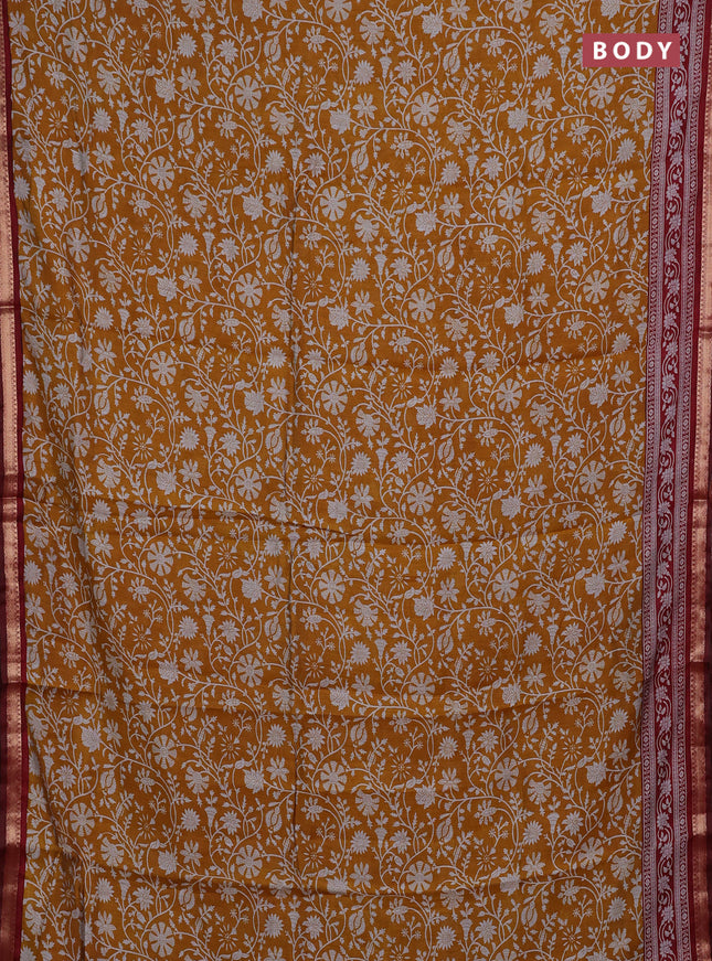 Semi maheshwari cotton saree mustard yellow and maroon with allover prints and zari woven border