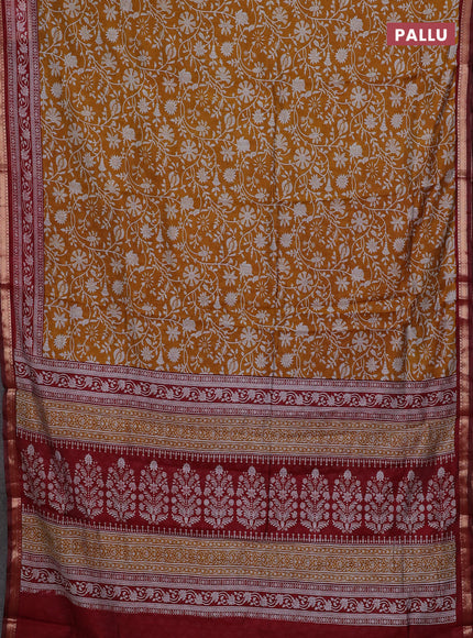 Semi maheshwari cotton saree mustard yellow and maroon with allover prints and zari woven border