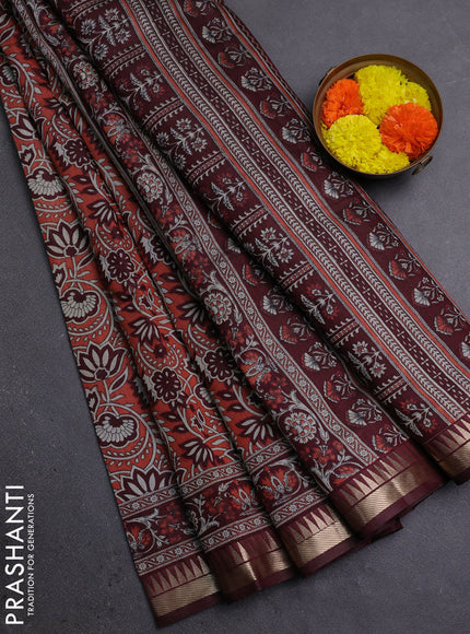 Semi maheshwari cotton saree peach shade and deep maroon with allover prints and zari woven border