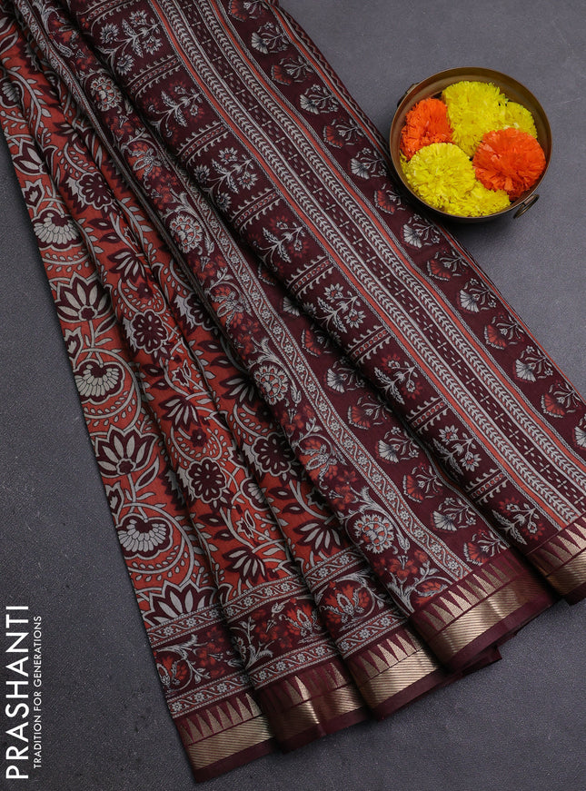 Semi maheshwari cotton saree peach shade and deep maroon with allover prints and zari woven border