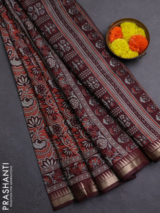 Semi maheshwari cotton saree peach shade and deep maroon with allover prints and zari woven border