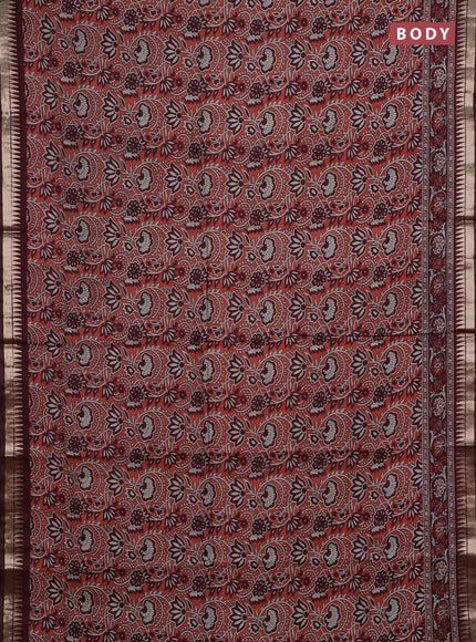 Semi maheshwari cotton saree peach shade and deep maroon with allover prints and zari woven border