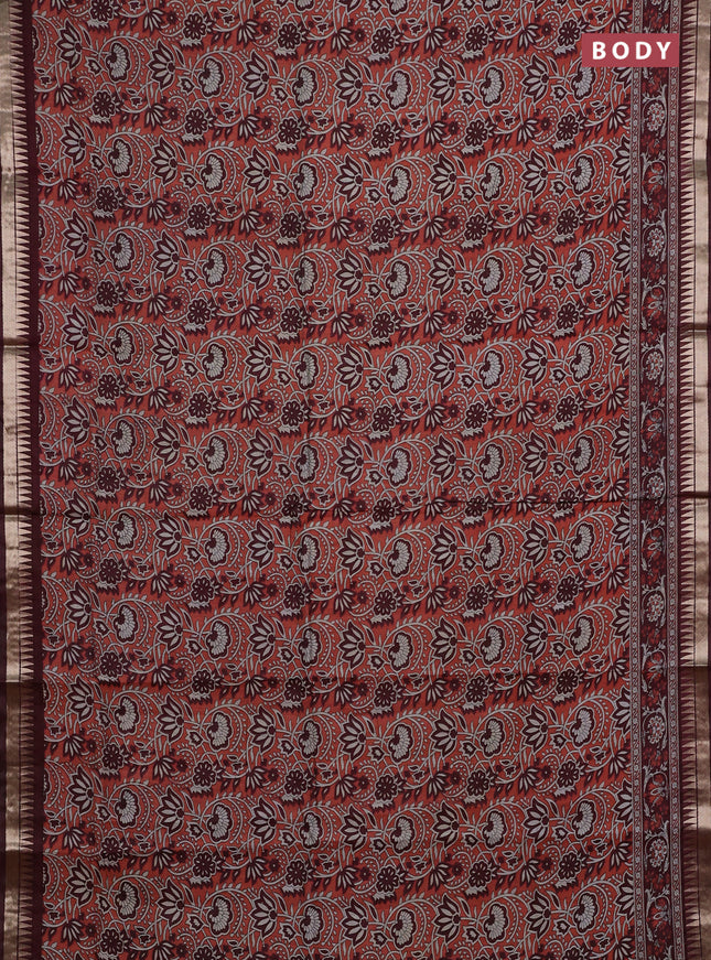 Semi maheshwari cotton saree peach shade and deep maroon with allover prints and zari woven border