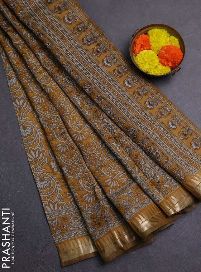 Semi maheshwari cotton saree mustard yellow with allover prints and zari woven border