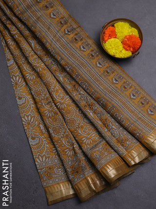 Semi maheshwari cotton saree mustard yellow with allover prints and zari woven border