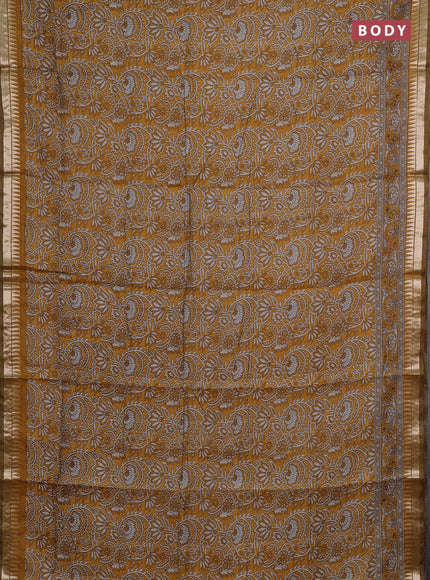 Semi maheshwari cotton saree mustard yellow with allover prints and zari woven border