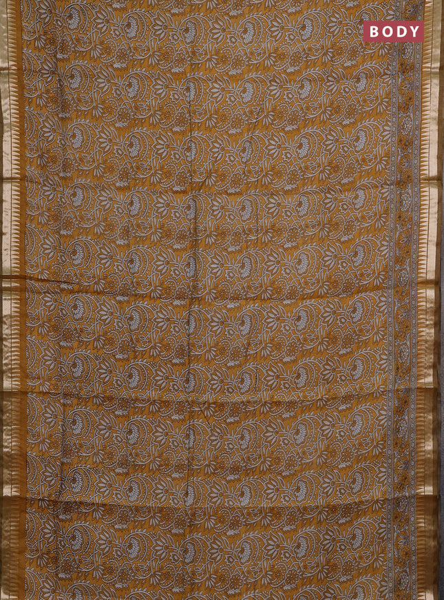 Semi maheshwari cotton saree mustard yellow with allover prints and zari woven border