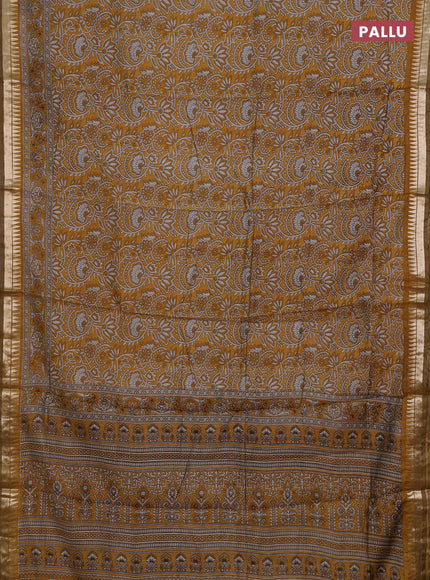 Semi maheshwari cotton saree mustard yellow with allover prints and zari woven border