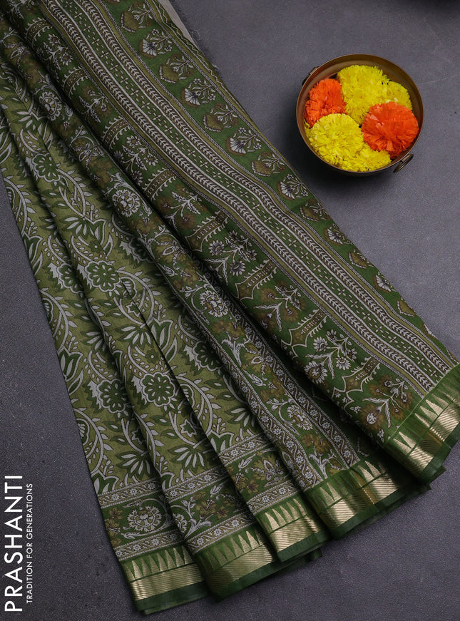 Semi maheshwari cotton saree pastel green with allover prints and zari woven border
