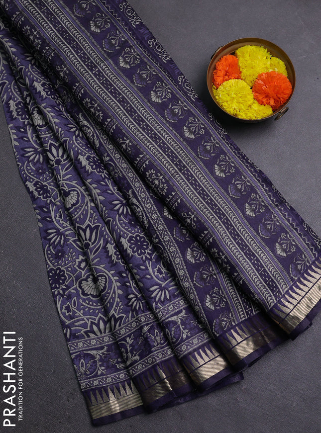 Semi maheshwari cotton saree blue with allover prints and zari woven border