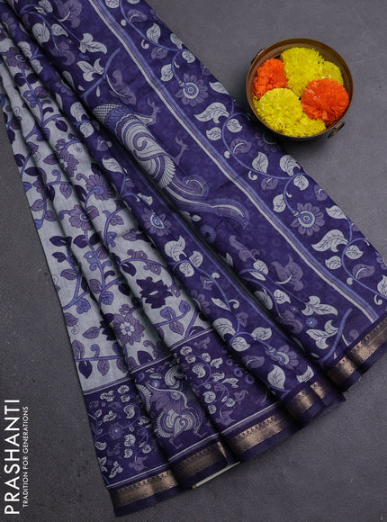 Semi maheshwari cotton saree grey and navy blue with allover kalamkari prints and zari woven border
