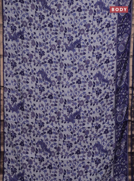Semi maheshwari cotton saree grey and navy blue with allover kalamkari prints and zari woven border