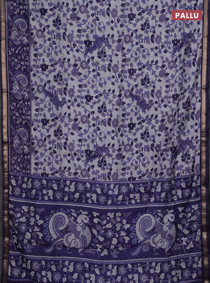 Semi maheshwari cotton saree grey and navy blue with allover kalamkari prints and zari woven border