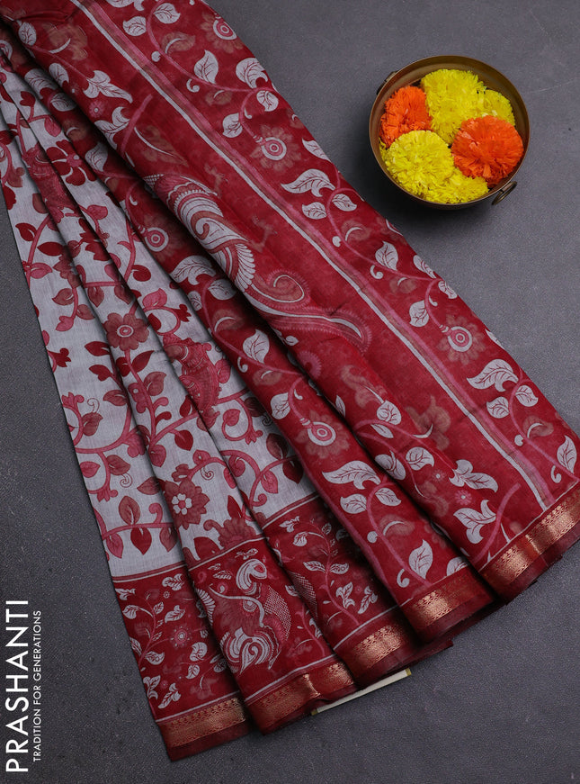 Semi maheshwari cotton saree grey and maroon with allover kalamkari prints and zari woven border