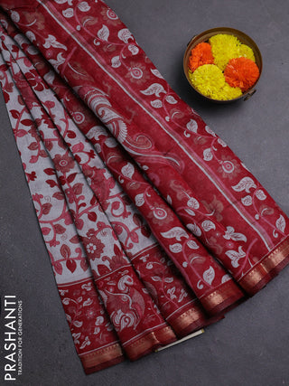 Semi maheshwari cotton saree grey and maroon with allover kalamkari prints and zari woven border