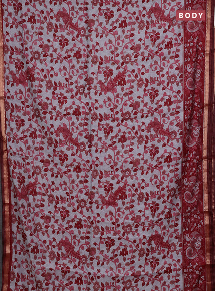 Semi maheshwari cotton saree grey and maroon with allover kalamkari prints and zari woven border