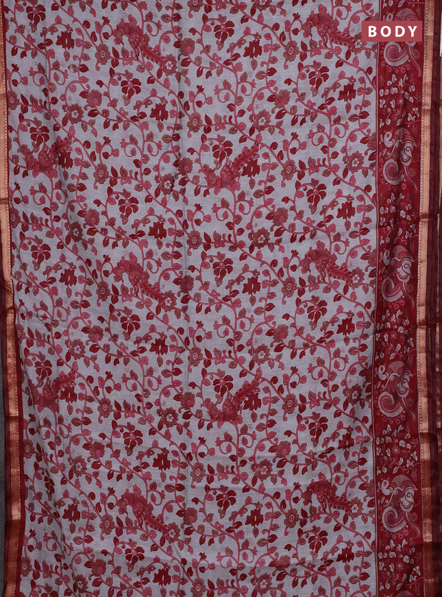 Semi maheshwari cotton saree grey and maroon with allover kalamkari prints and zari woven border
