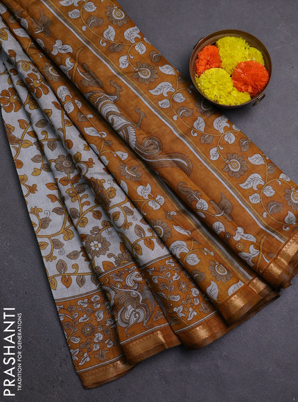 Semi maheshwari cotton saree grey and dark mustard with allover kalamkari prints and zari woven border