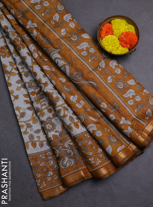 Semi maheshwari cotton saree grey and dark mustard with allover kalamkari prints and zari woven border