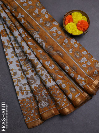 Semi maheshwari cotton saree grey and dark mustard with allover kalamkari prints and zari woven border