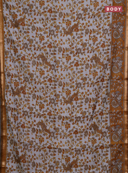 Semi maheshwari cotton saree grey and dark mustard with allover kalamkari prints and zari woven border