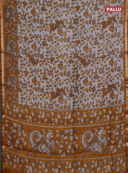 Semi maheshwari cotton saree grey and dark mustard with allover kalamkari prints and zari woven border
