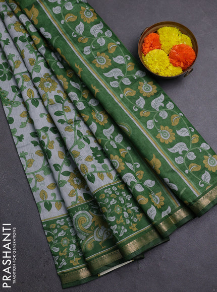 Semi maheshwari cotton saree grey and green with allover kalamkari prints and zari woven border
