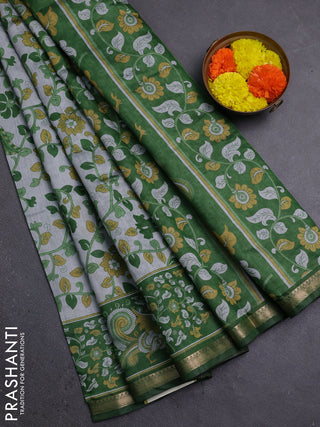 Semi maheshwari cotton saree grey and green with allover kalamkari prints and zari woven border