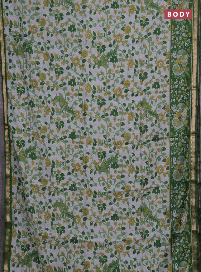 Semi maheshwari cotton saree grey and green with allover kalamkari prints and zari woven border