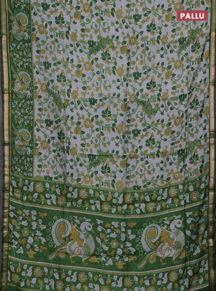 Semi maheshwari cotton saree grey and green with allover kalamkari prints and zari woven border