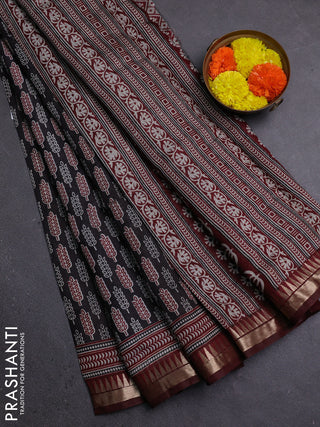 Semi maheshwari cotton saree black and maroon with butta prints and zari woven border