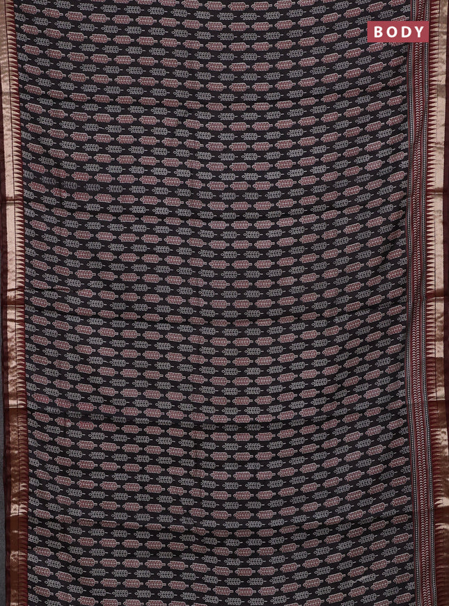 Semi maheshwari cotton saree black and maroon with butta prints and zari woven border