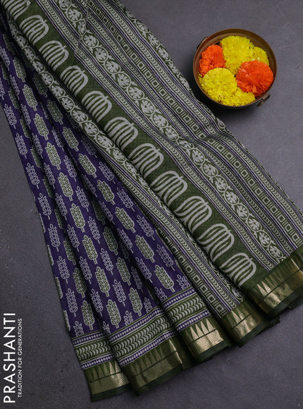 Semi maheshwari cotton saree blue and sap green with butta prints and zari woven border