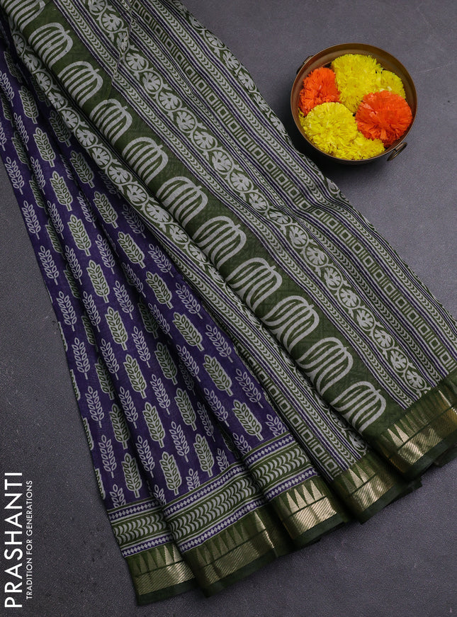 Semi maheshwari cotton saree blue and sap green with butta prints and zari woven border