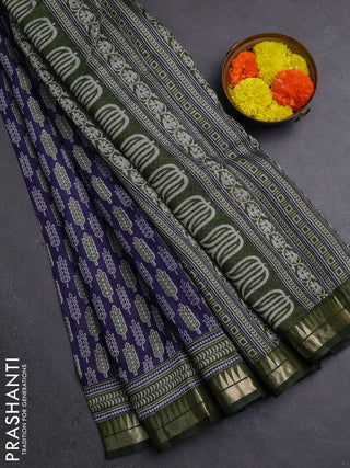 Semi maheshwari cotton saree blue and sap green with butta prints and zari woven border